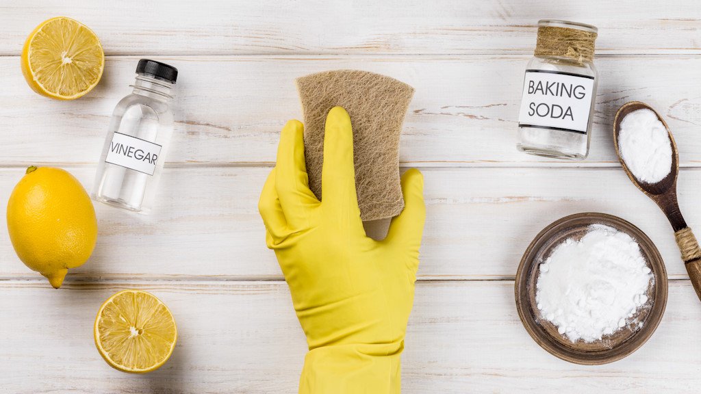 cleaning supplies to clean microwave inside — vinegar lemon baking soda