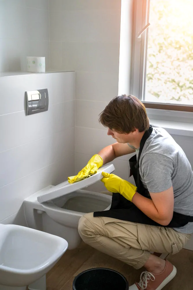 cleaning behind the toilet — deep clean detail most people miss